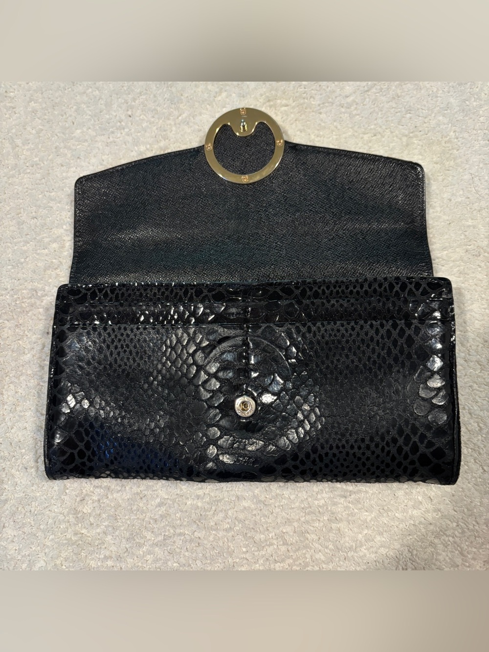Michael Kors Black Snake-Embossed Continental Wallet with Gold MK Logo - Picture 3 of 8
